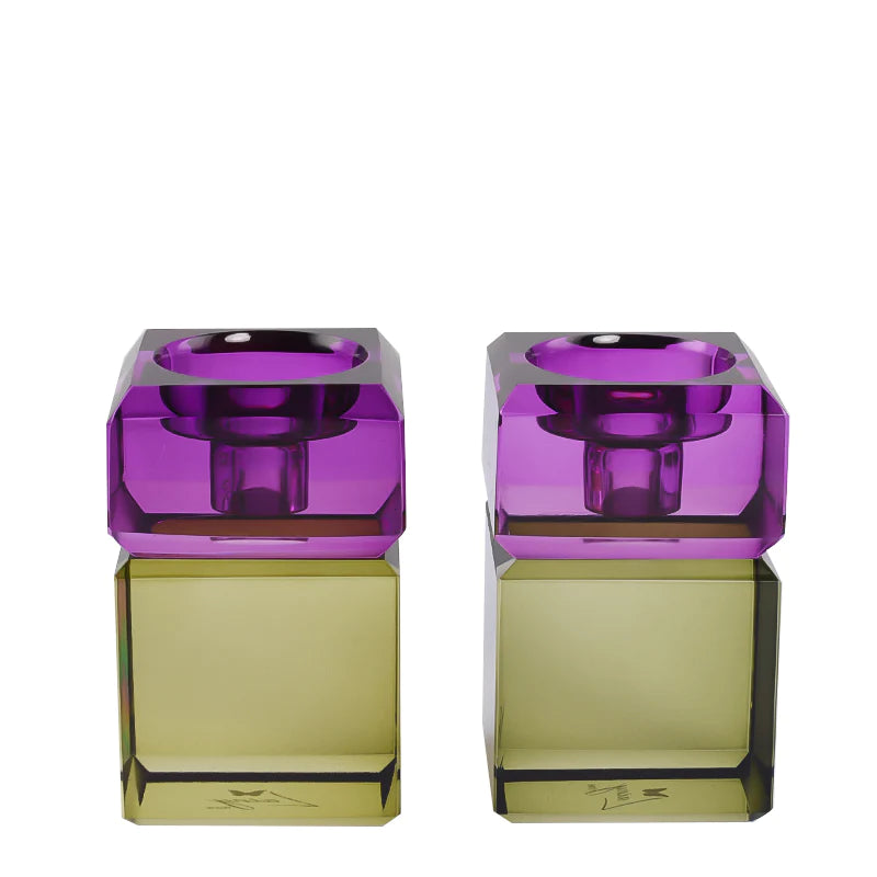 Plum/green pair of 3" two tone candleholders
