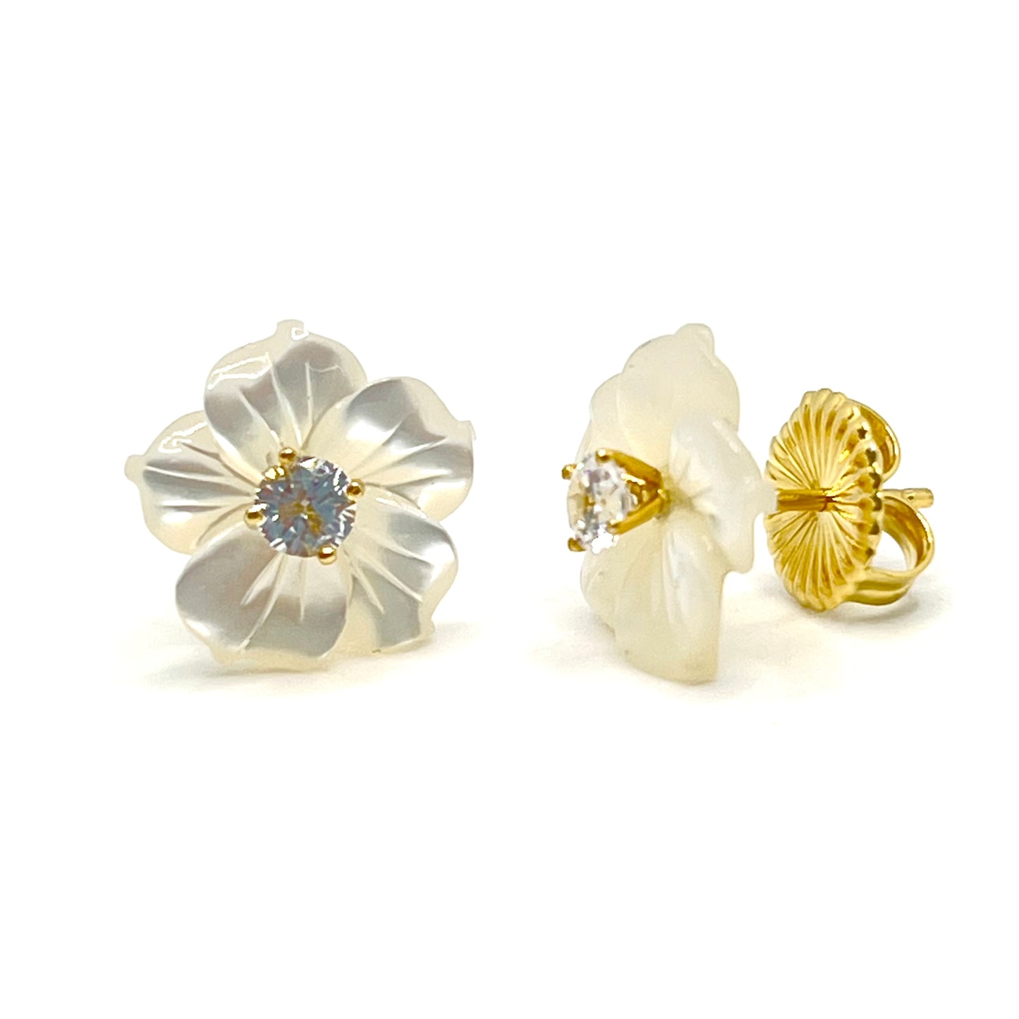 Carved Mother of Pearl Flower Earring w CZ center Gold Plate