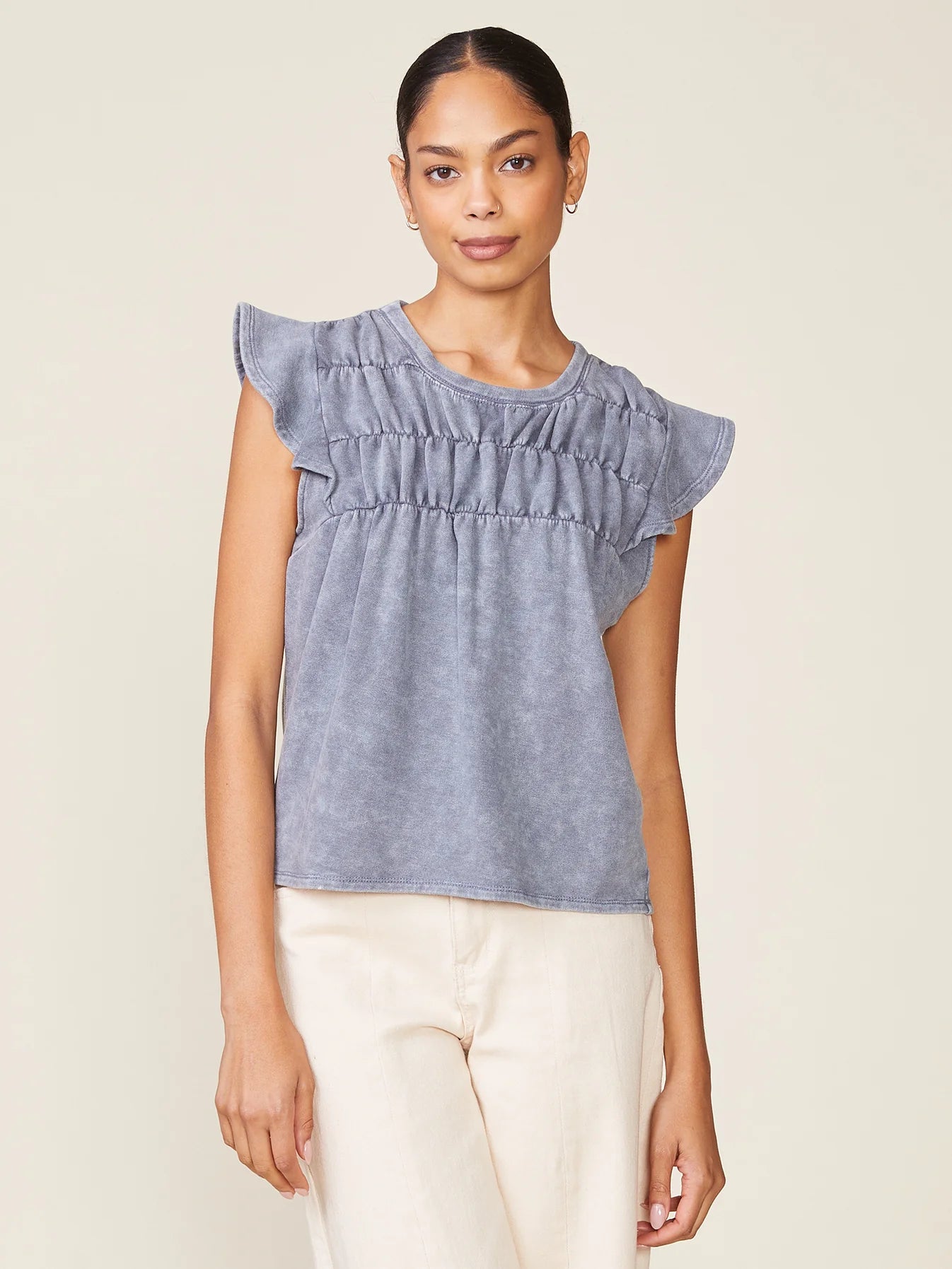 Washed Flutter Sleeve Shirring Detail Top