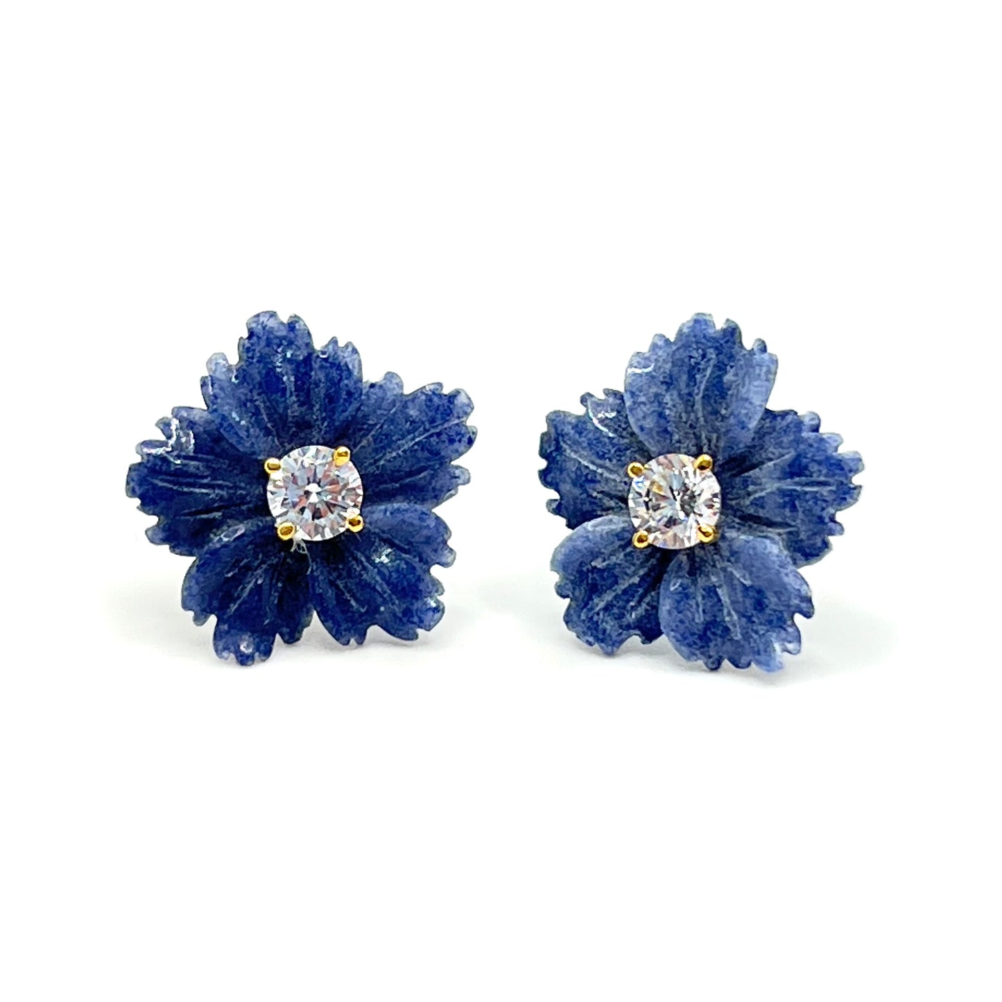 Carved Dumortierite Flower Earring with CZ Gold Plate