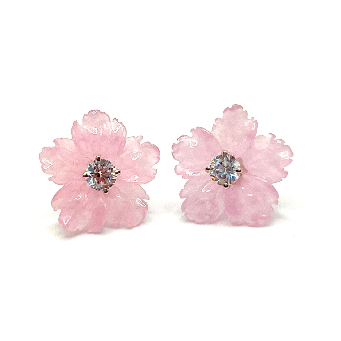 Carved Pink Quartzite Flower Earring w CZ Center Stud Gold Plate