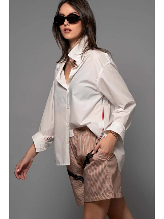 Striped Twill Tape Detail Statement Button Shirt