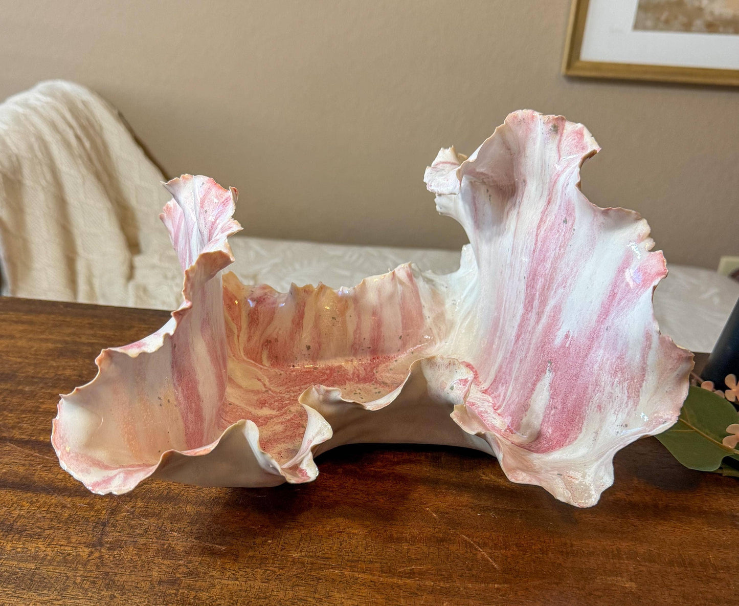 Blushing Crest: Handmade Porcelain Wave Sculpture, Tidal Bloom Series