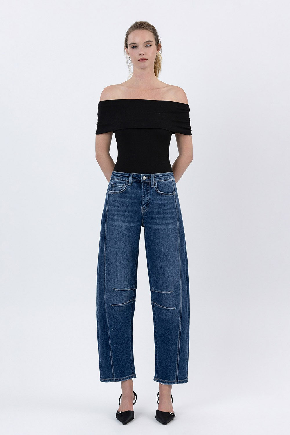 High Rise Dark Wash Barrel Leg Jeans