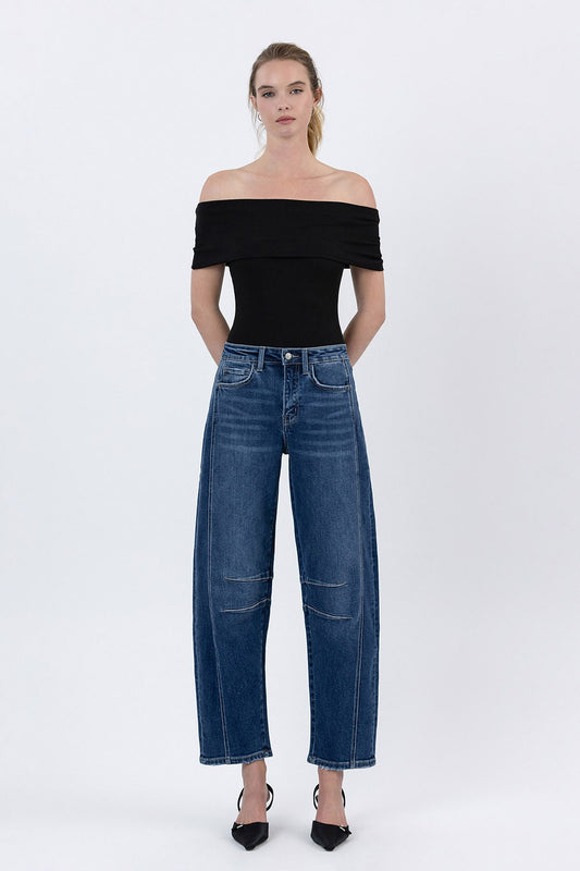 High Rise Dark Wash Barrel Leg Jeans