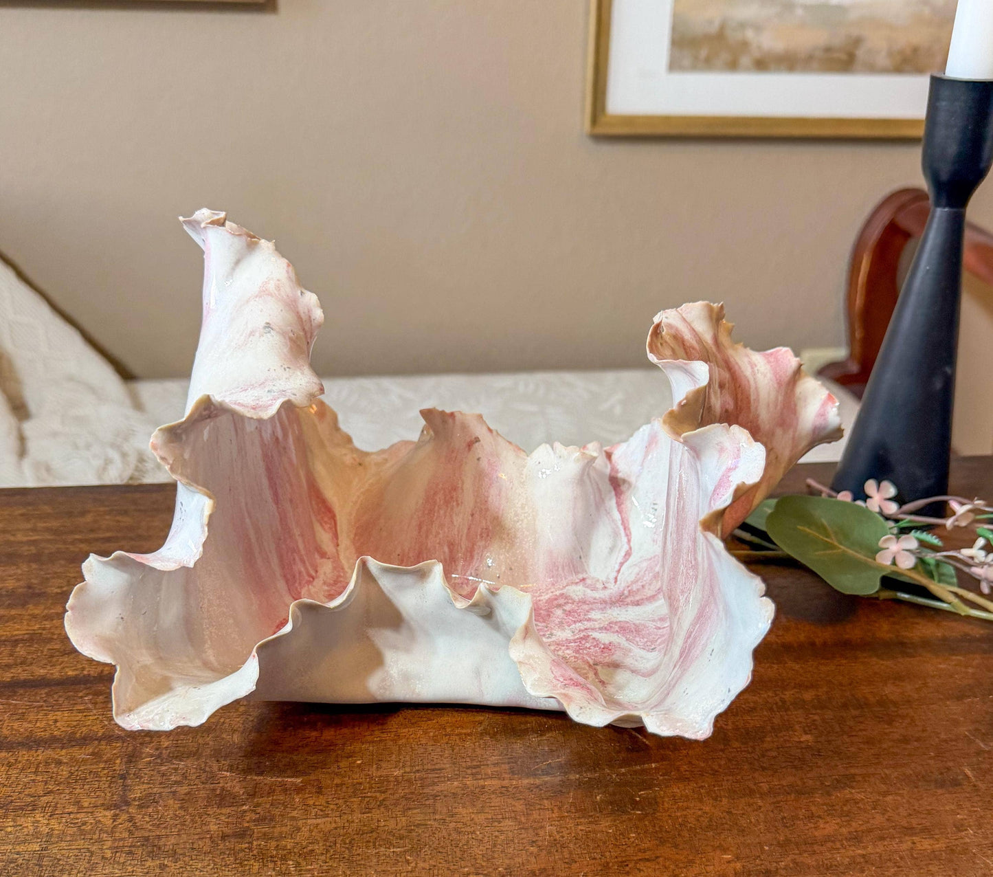 Blushing Crest: Handmade Porcelain Wave Sculpture, Tidal Bloom Series