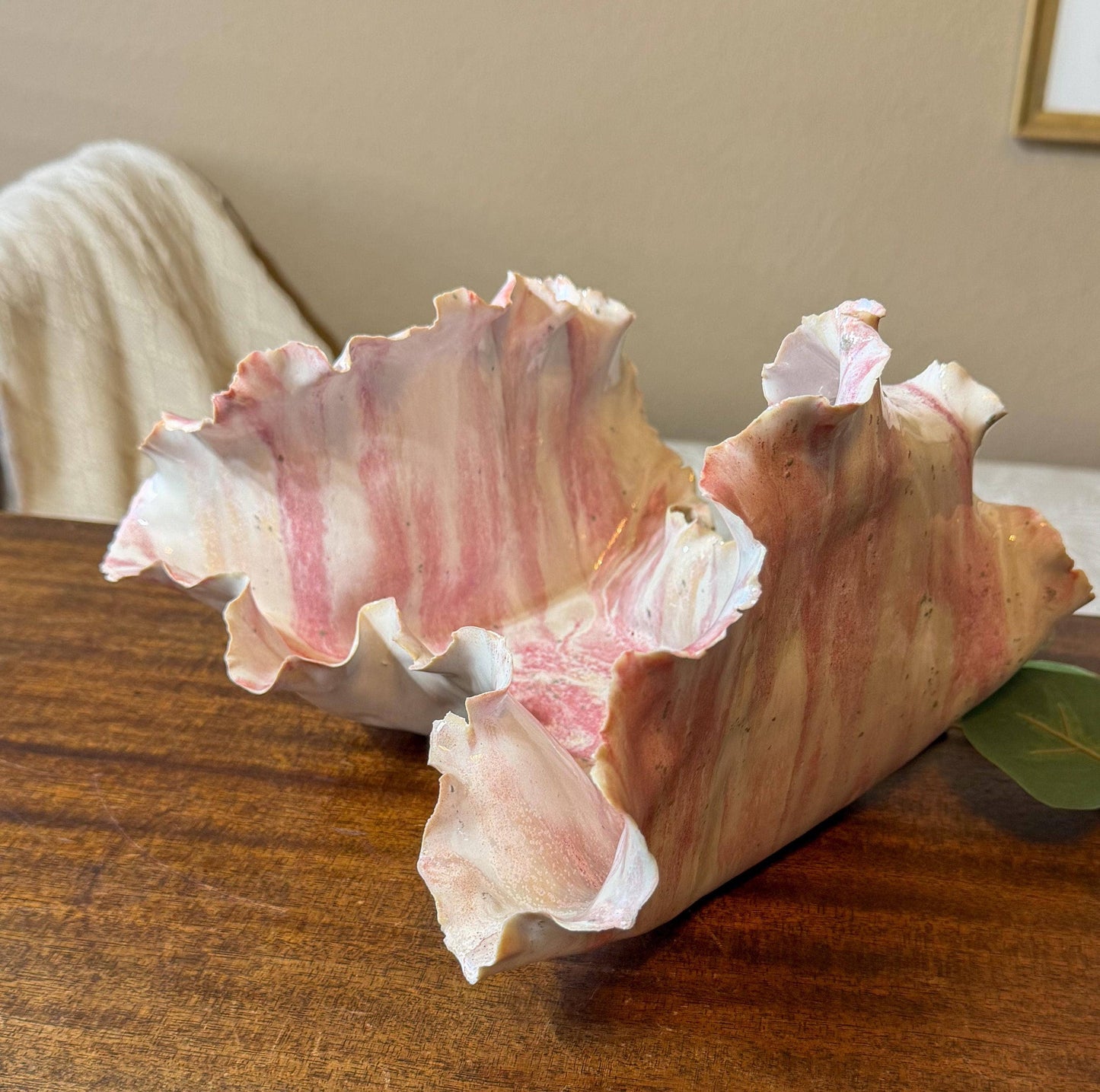 Blushing Crest: Handmade Porcelain Wave Sculpture, Tidal Bloom Series