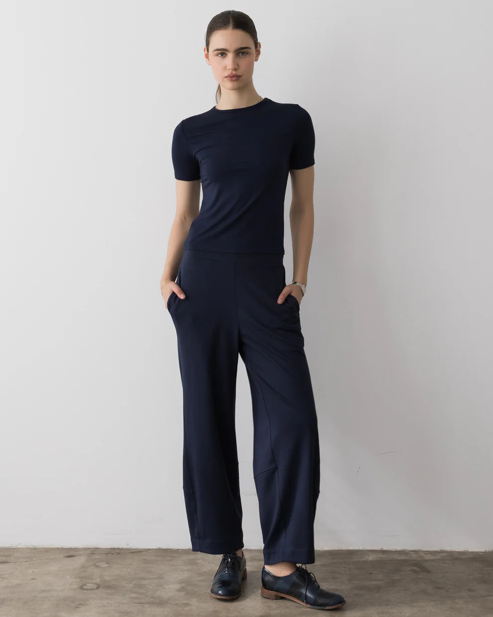 Blue Ponte Knit Barrel Pant