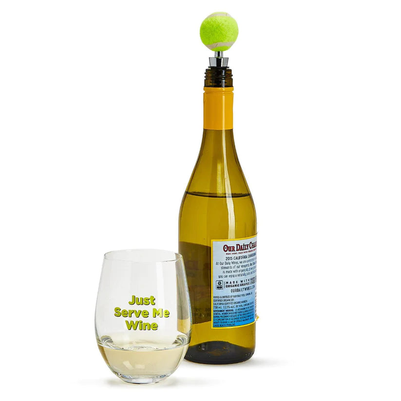 Stemless Wine Glass with Tennis Ball Wine Stopper