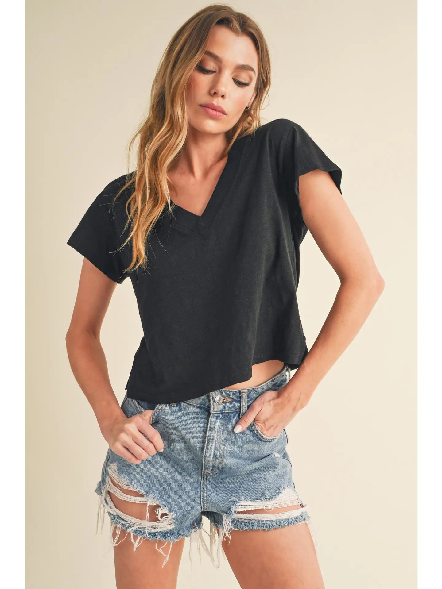 Black Til V-Neck Boxy Top