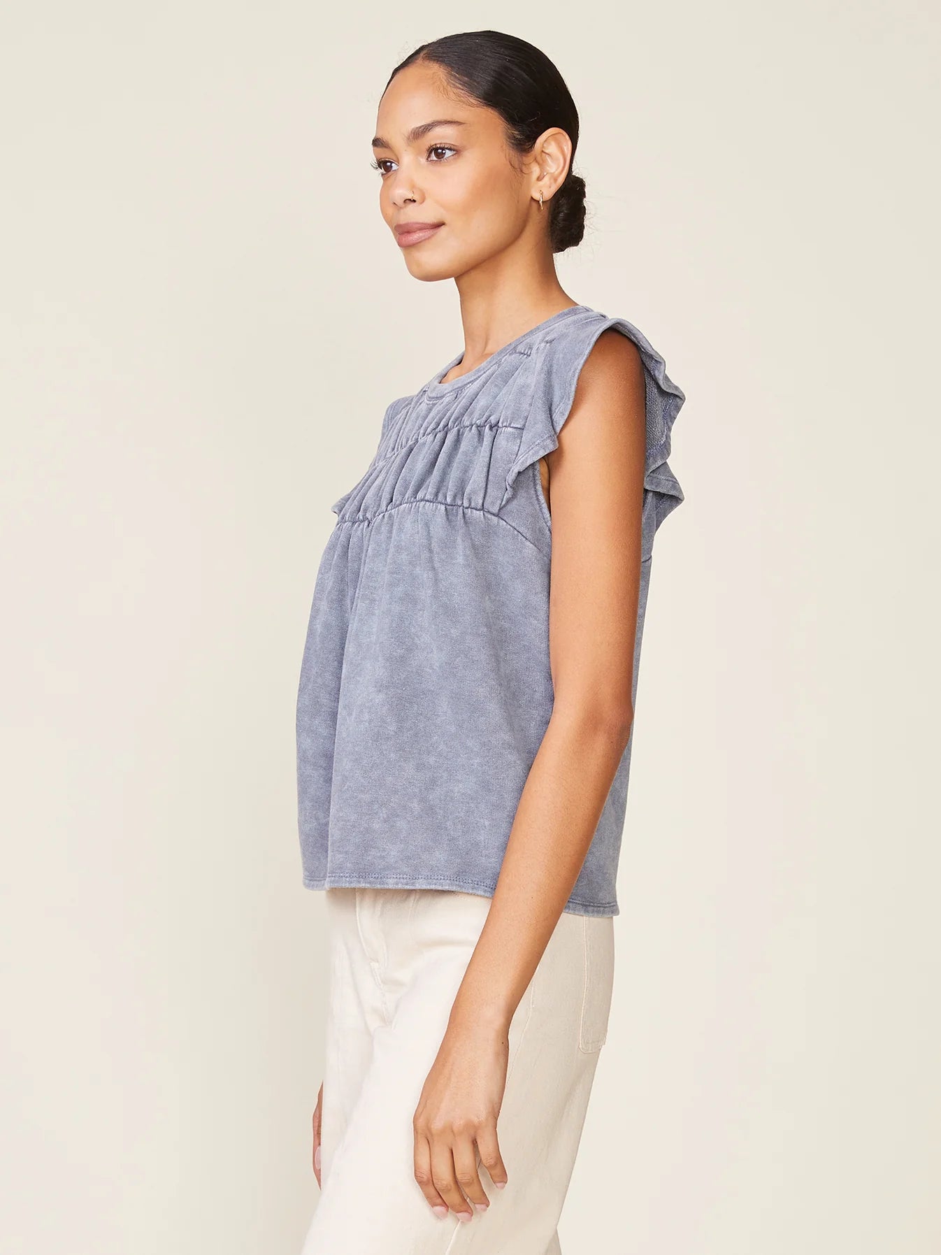 Washed Flutter Sleeve Shirring Detail Top
