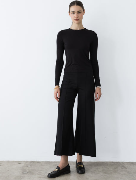 Cropped Black Ponte Knit Wide Leg Pant