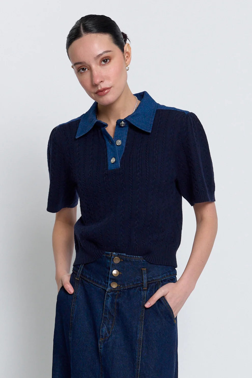 Nash Puff Sleeve With Denim Sweater