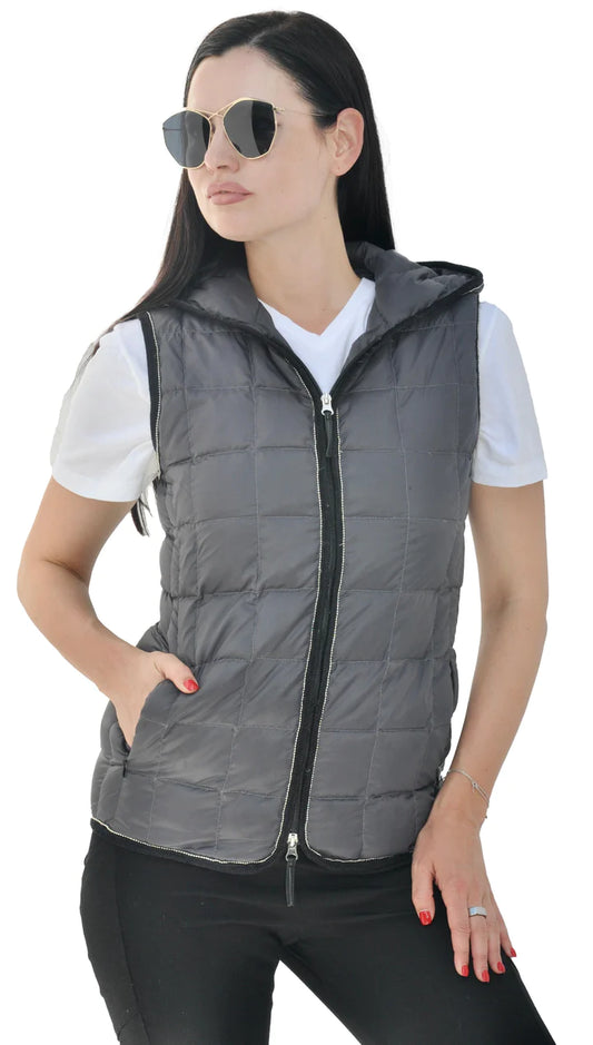 Charcoal Puffer Vest with Hood Embellished Placket Aisa