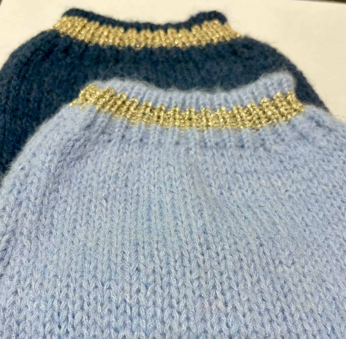Short Sleeve Mohair Cardigan with Gold Stripe