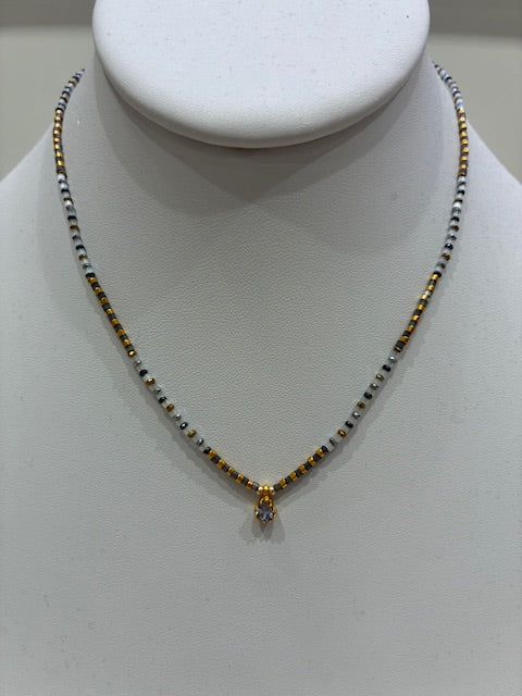 Beaded Necklace with Light Grey Drop
