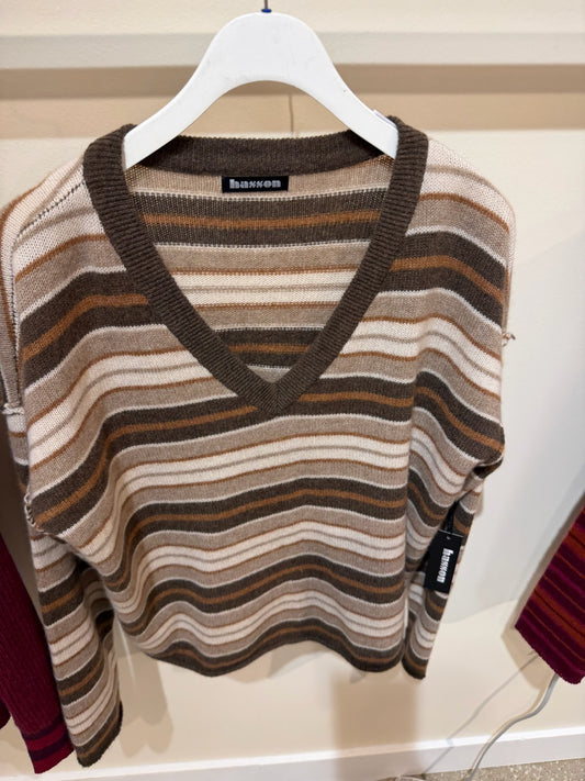Brown & Caramel Striped V-Neck Sweater