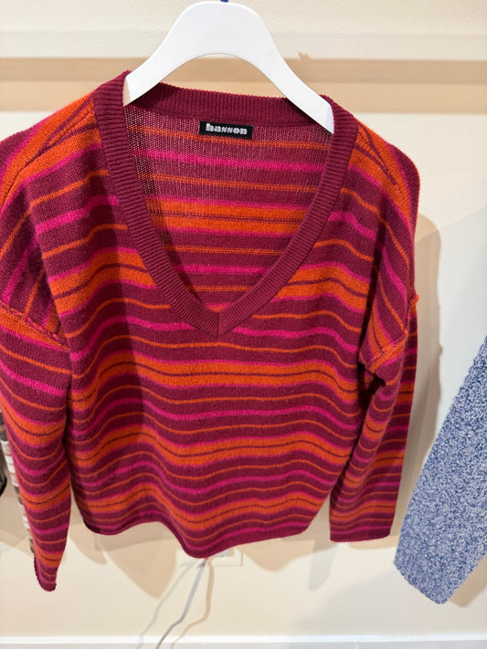 Wine & Fuscia Striped V-Neck Sweater