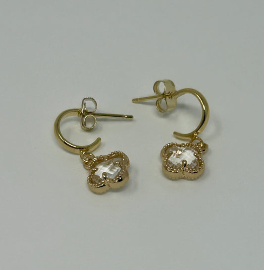 Glass Clover Shaped Dangle Earring Clear/Gold