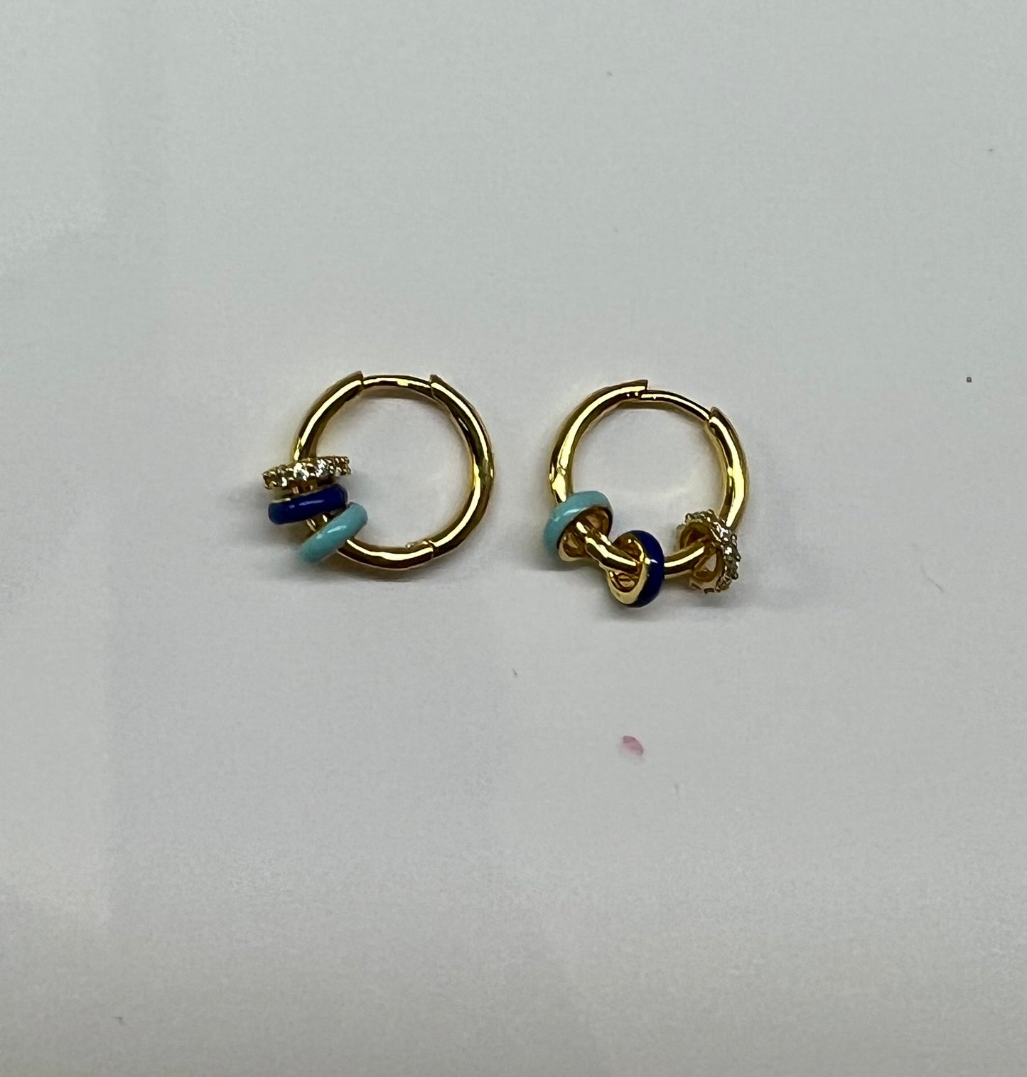 Gold Huggie Earring w Blue Enamel Rondell and CZ