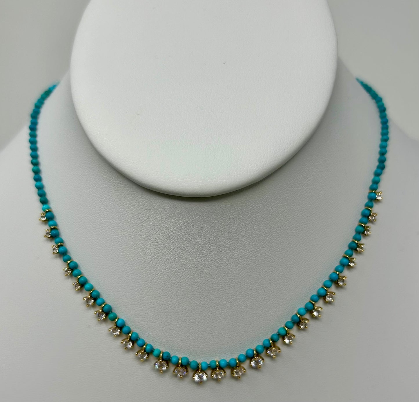 Turquoise Beaded Necklace w Clear CZ Accents