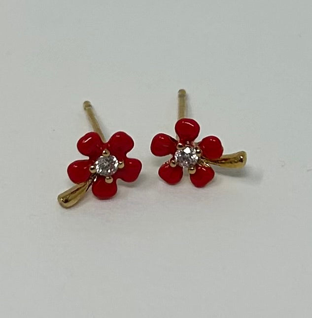 Red Enamel Flower Post Earrings