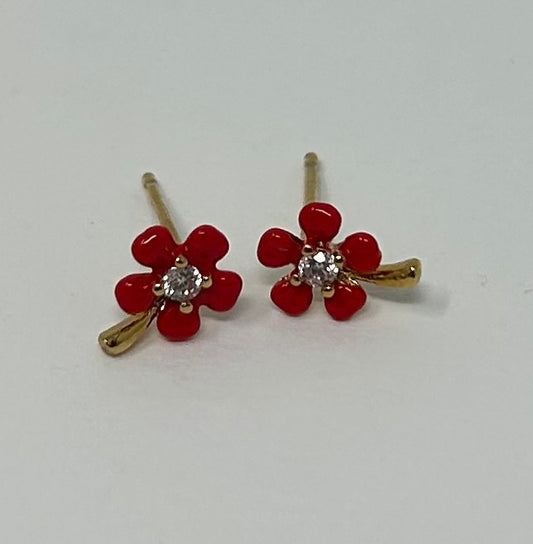 Red Enamel Flower Post Earrings