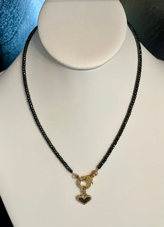 Gold and Black Onyx Necklace w Diamond Heart