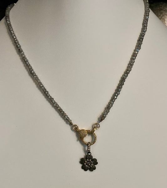 Gold Labradorite Necklace w Silver Matte Flower