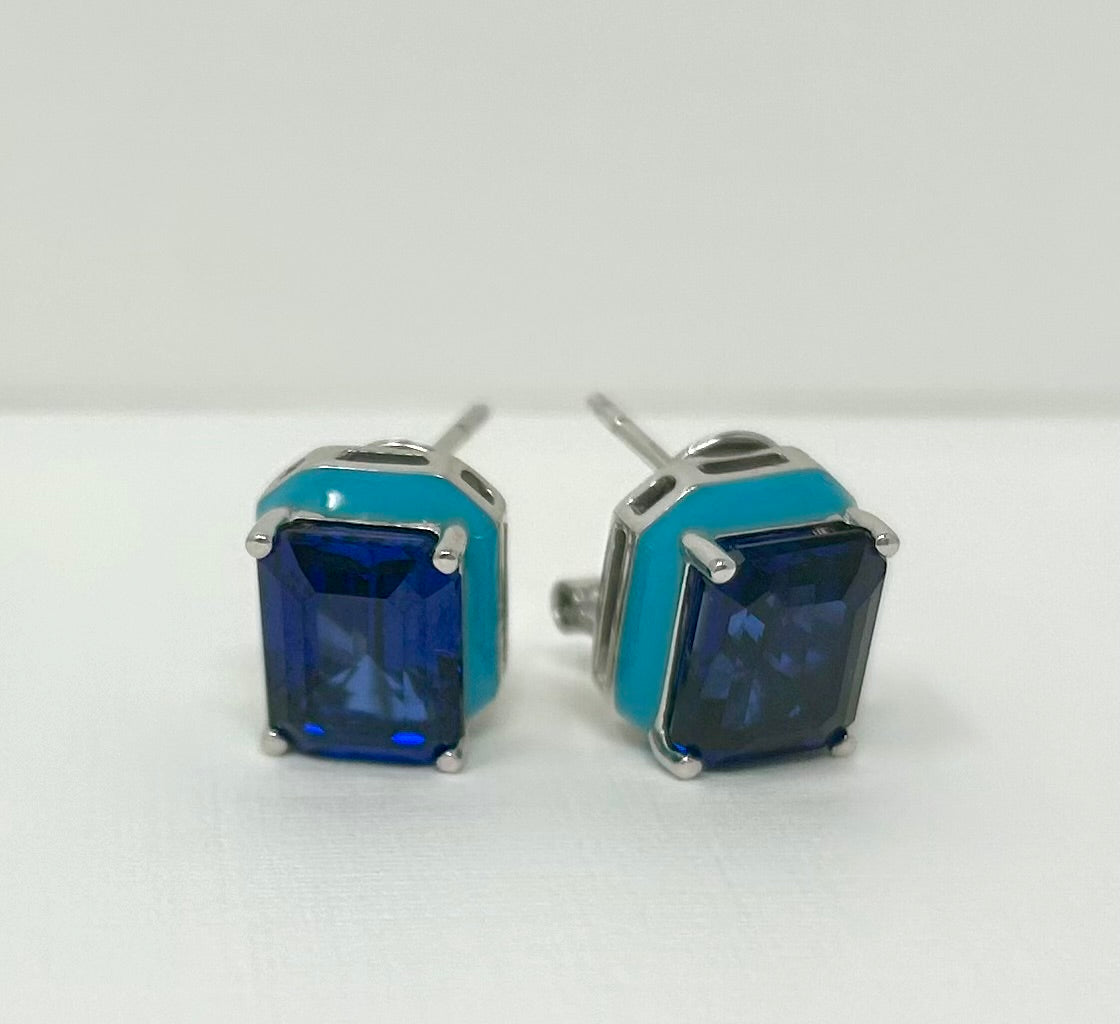Turquoise Enamel & Lab Saphire Button Earrings
