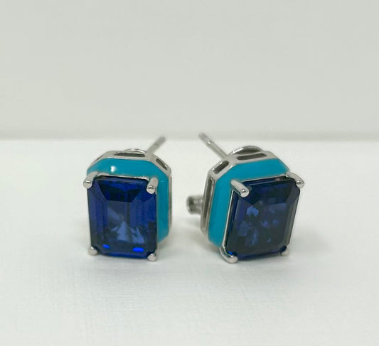 Turquoise Enamel & Lab Saphire Button Earrings