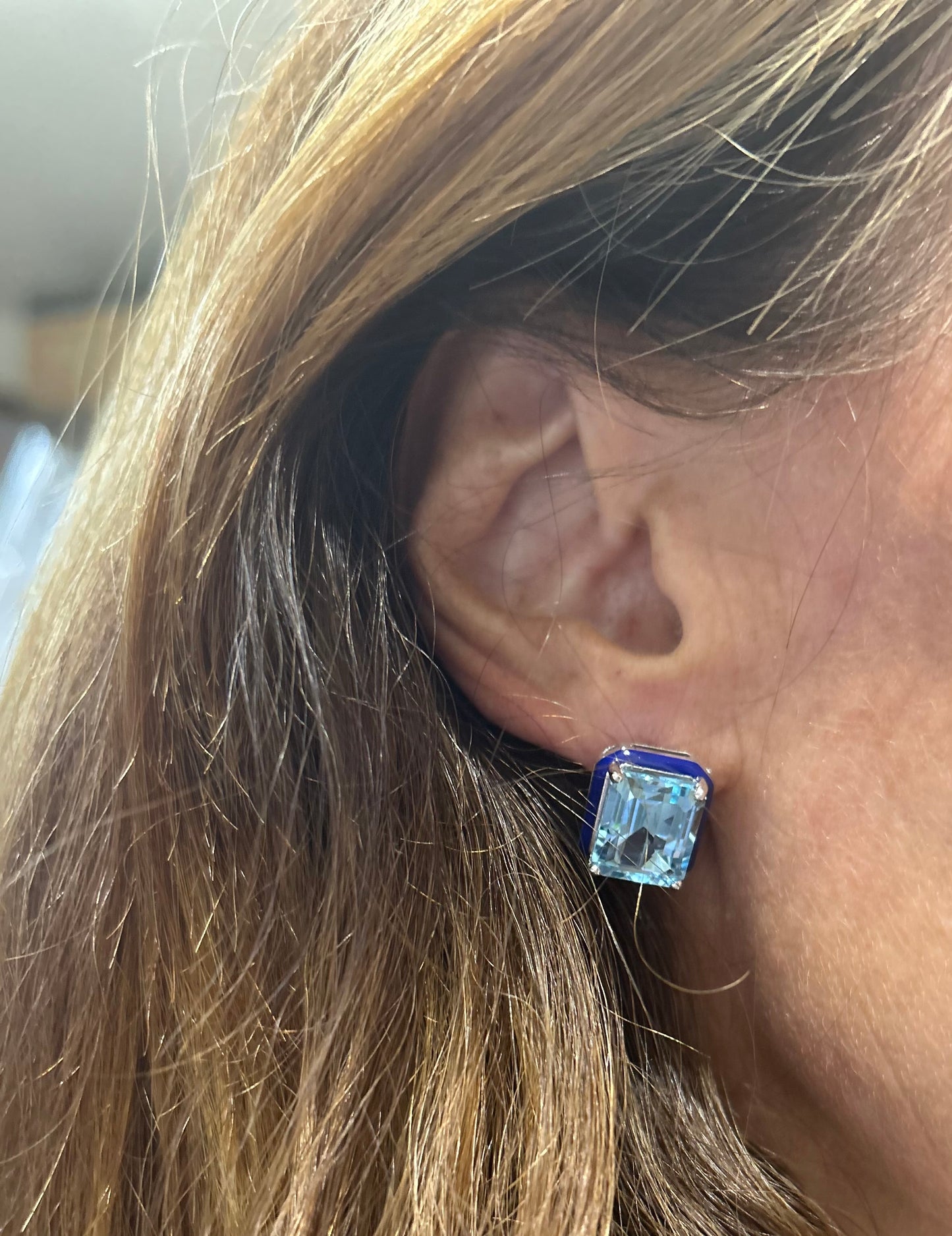 Topaz Button Earrings Blue Enamel