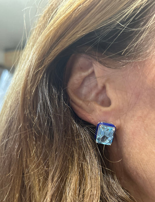 Topaz Button Earrings Blue Enamel