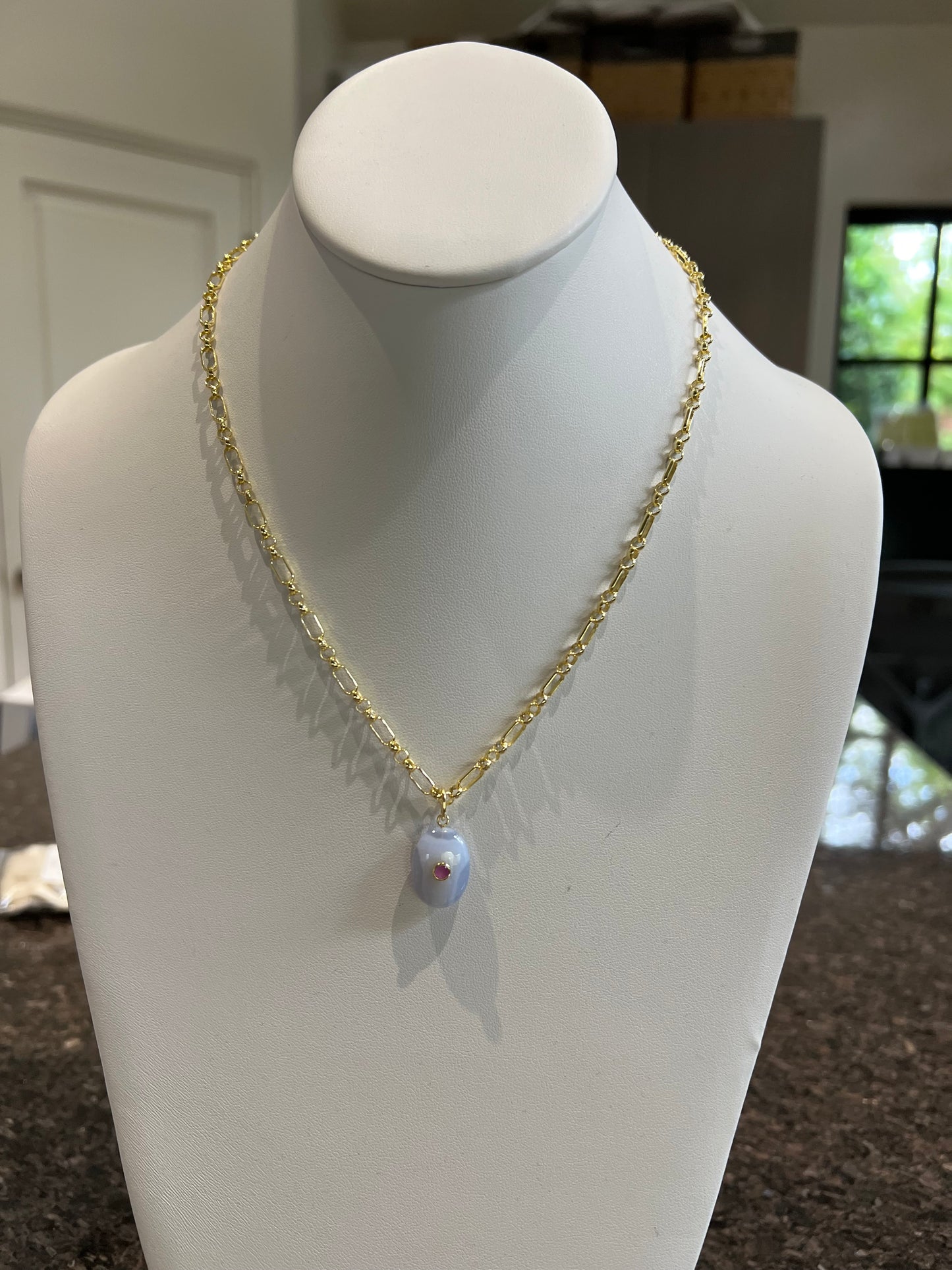 Oval Smooth Blue Lace Agate Stone Charm w Pink Saphire Bezel