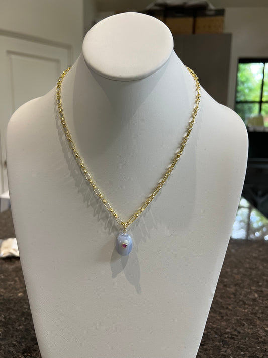 Oval Smooth Blue Lace Agate Stone Charm w Pink Saphire Bezel