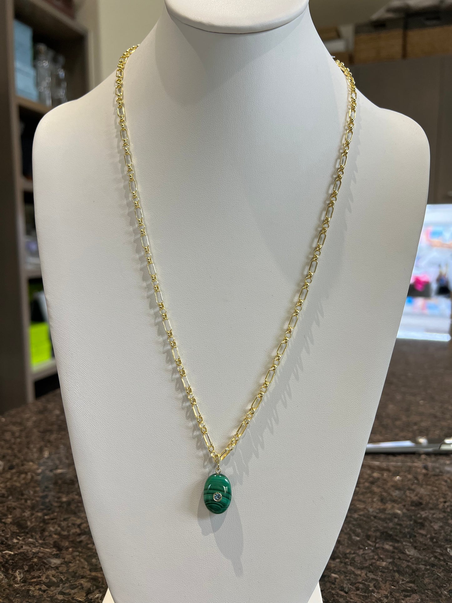 Oval Smooth Malachite Stone w London Blue Topaz in Bezel