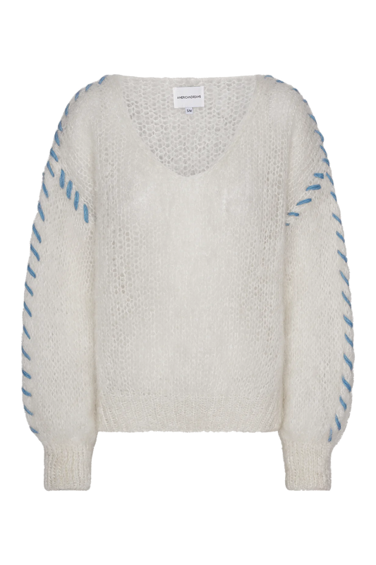 White w Blue Stripe Milana LS Mohair Knit