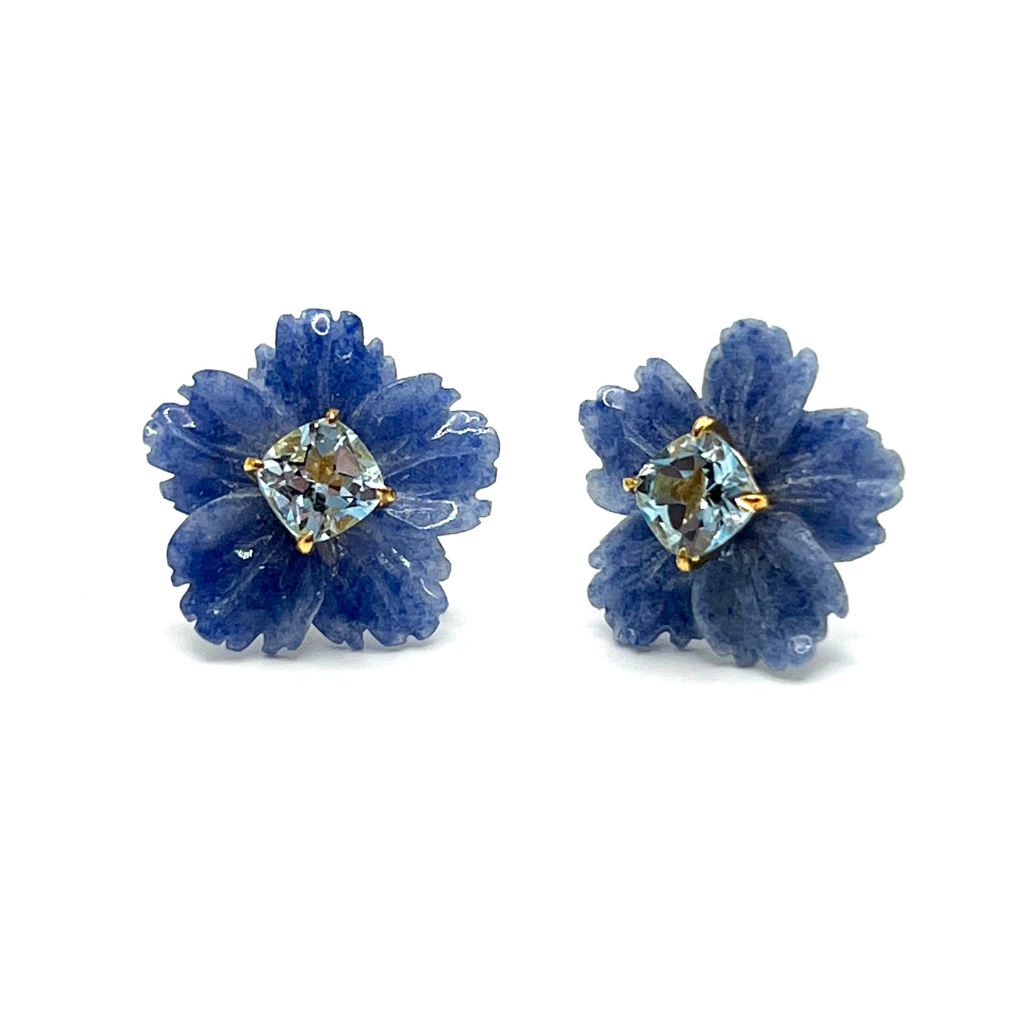 Little Carved Dumortierite Flower Earrings Blue Center
