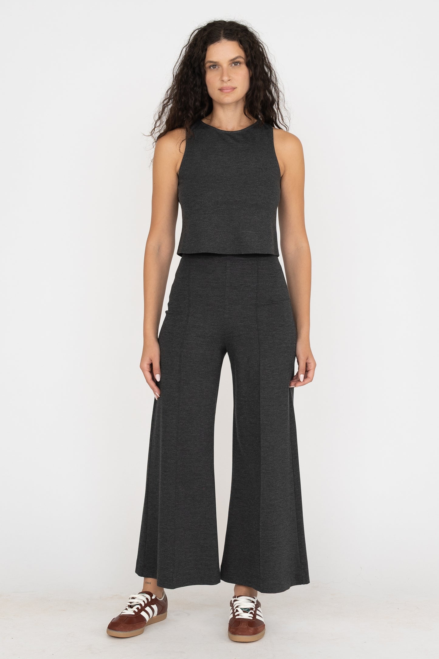 Cropped Black Ponte Knit Wide Leg Pant