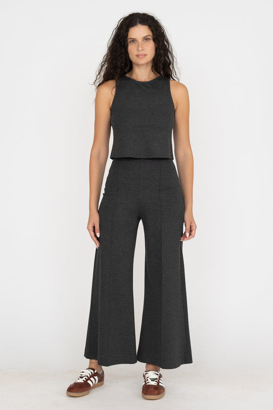 Cropped Black Ponte Knit Wide Leg Pant
