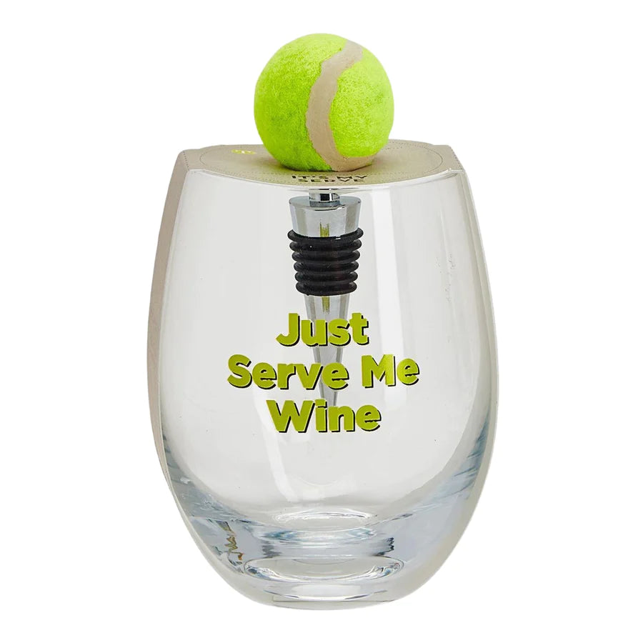 Stemless Wine Glass with Tennis Ball Wine Stopper