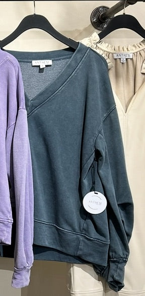 Washed Knit V Neck Sweatshirt