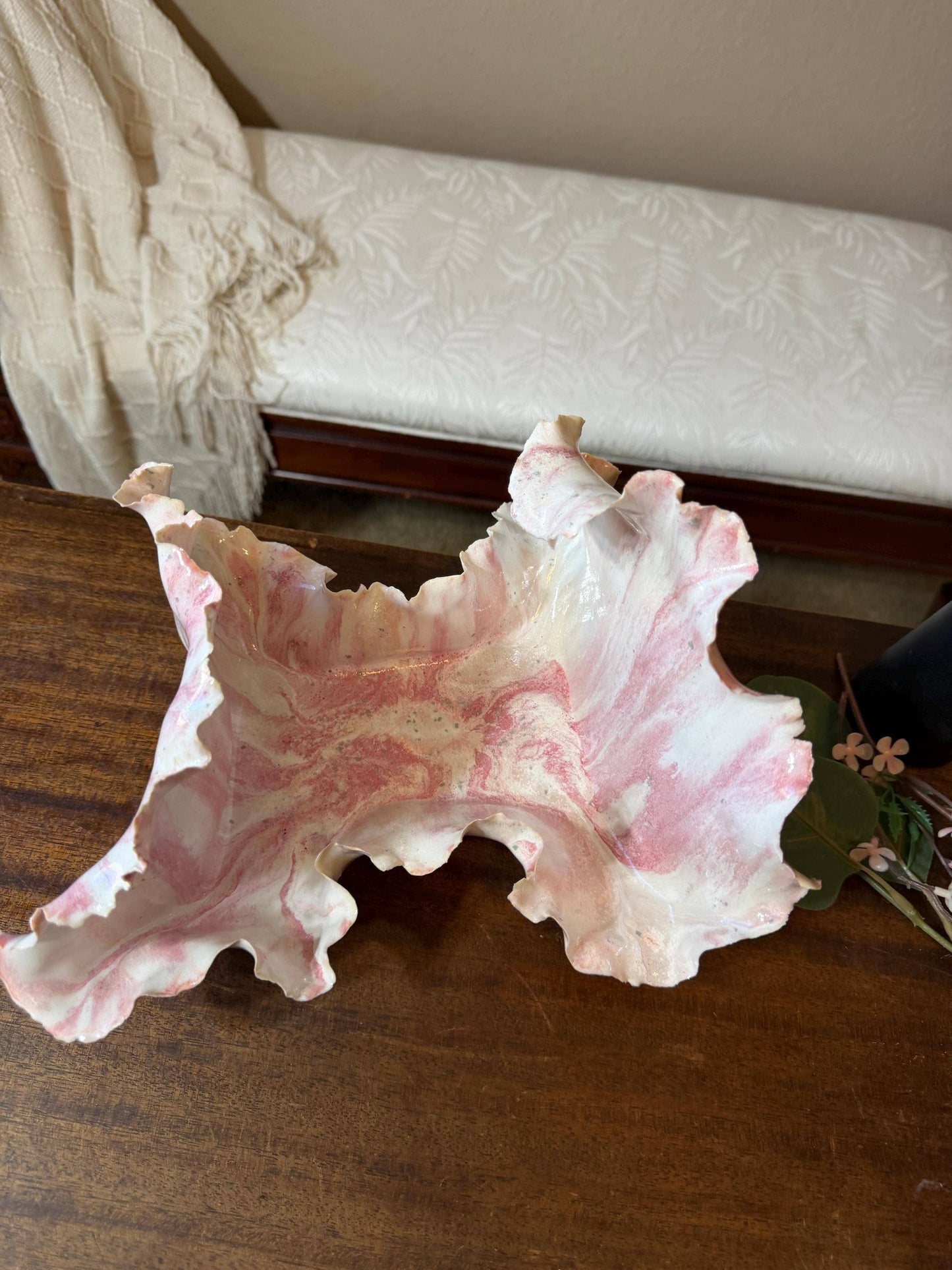 Blushing Crest: Handmade Porcelain Wave Sculpture, Tidal Bloom Series