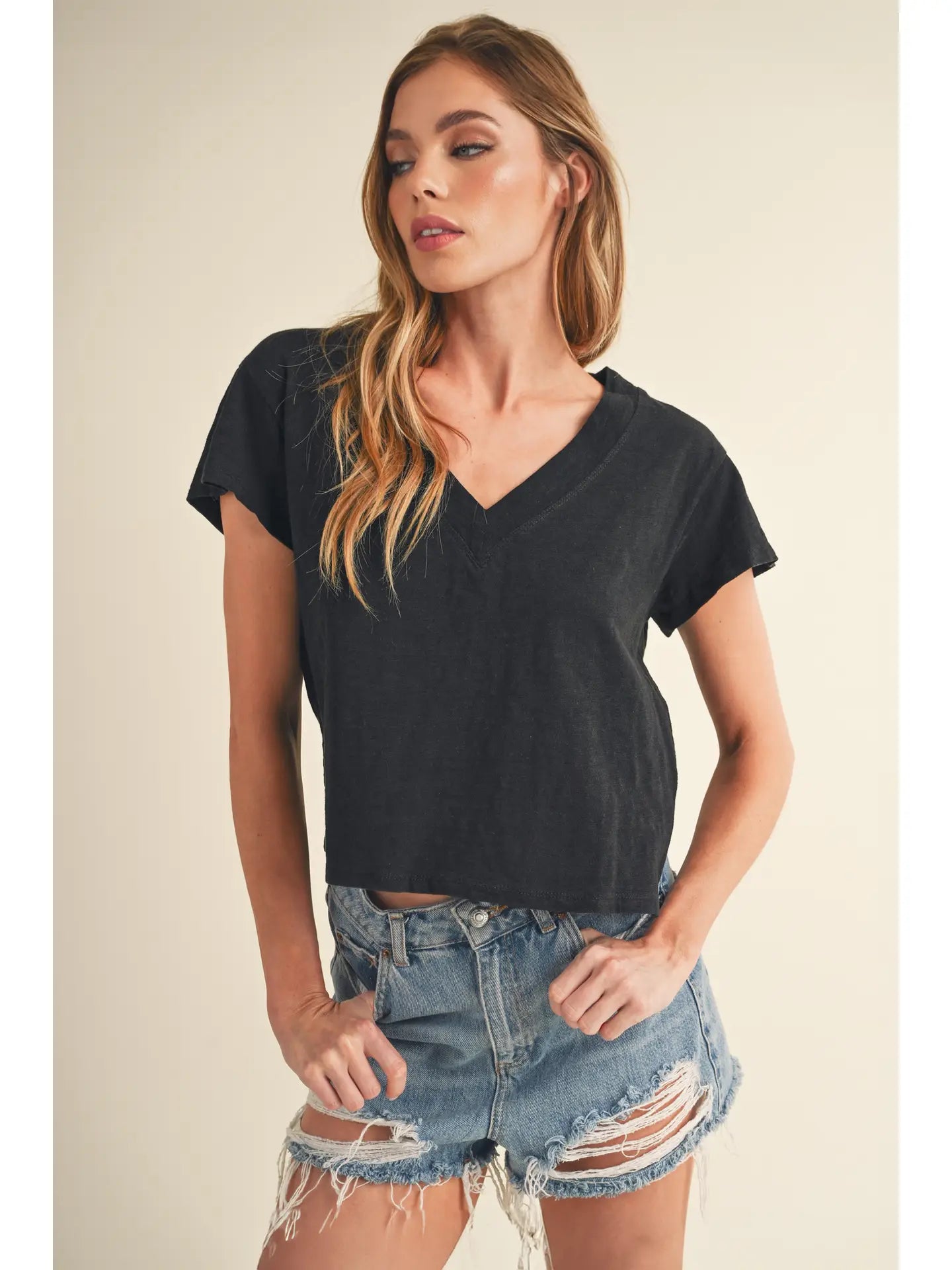Black Til V-Neck Boxy Top
