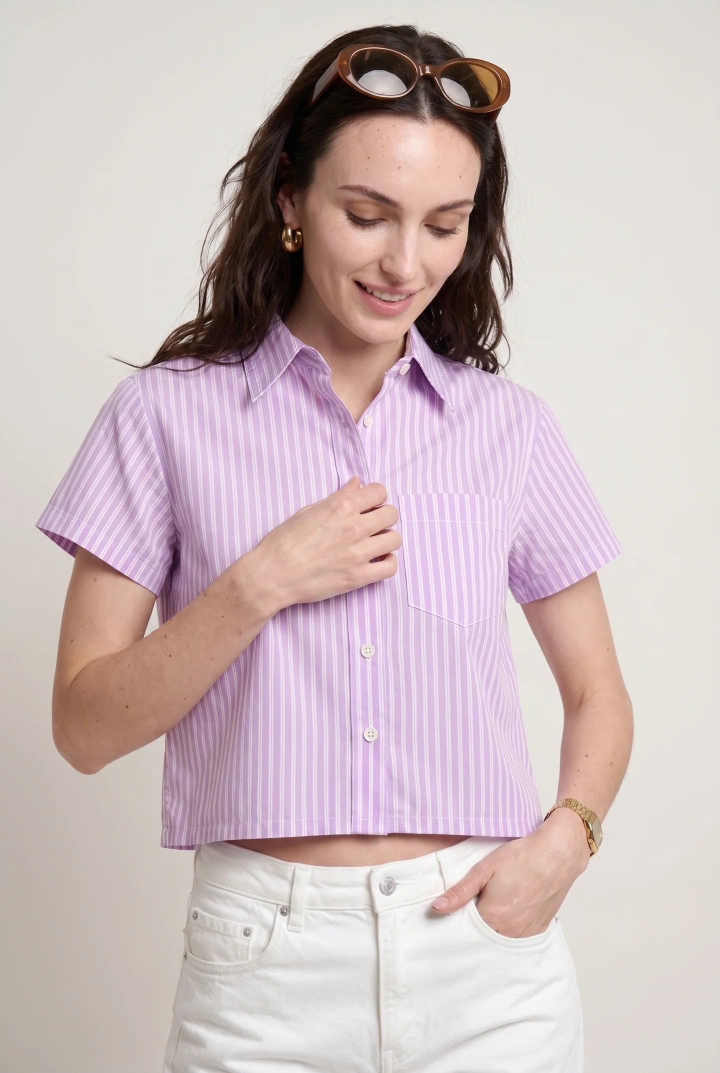 Boxy Short Sleeve Cropped Shirt Lilac/White
